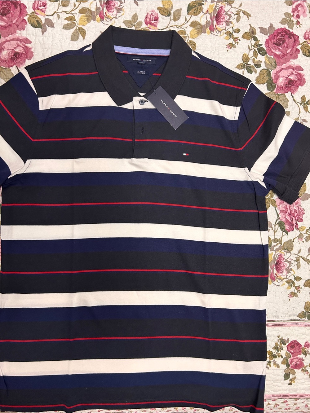 Tommy Hilfiger Men’s Black,Navy, White & Red Striped Polo Size XL Slim Fit